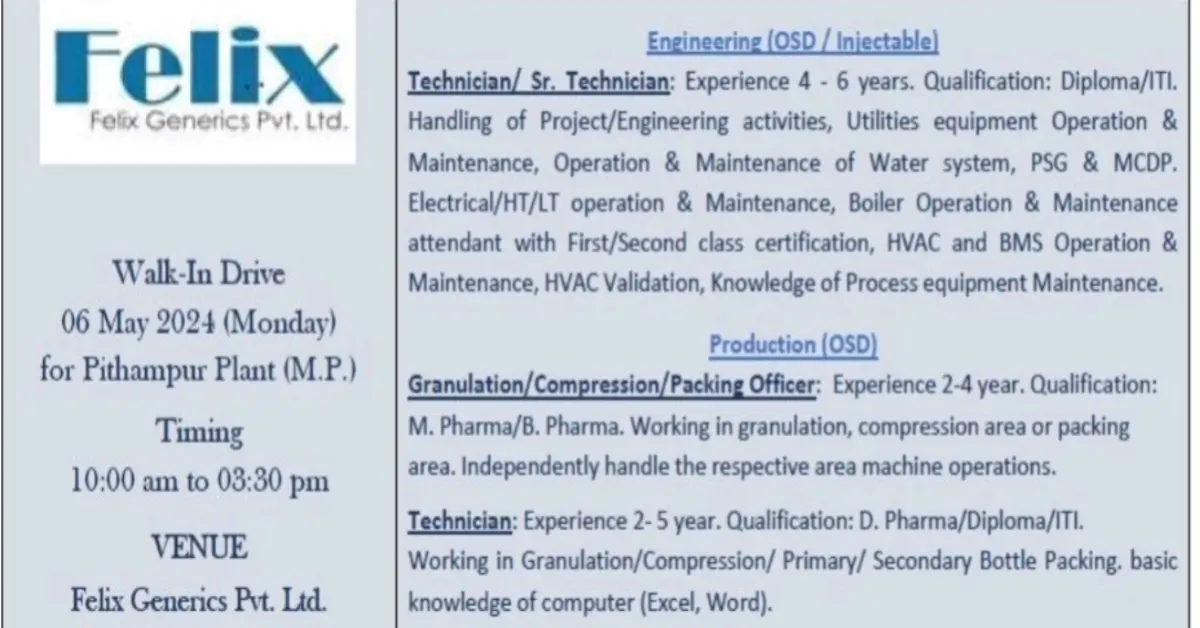 Felix Genetics Ltd Pithampur MP Walk in interview