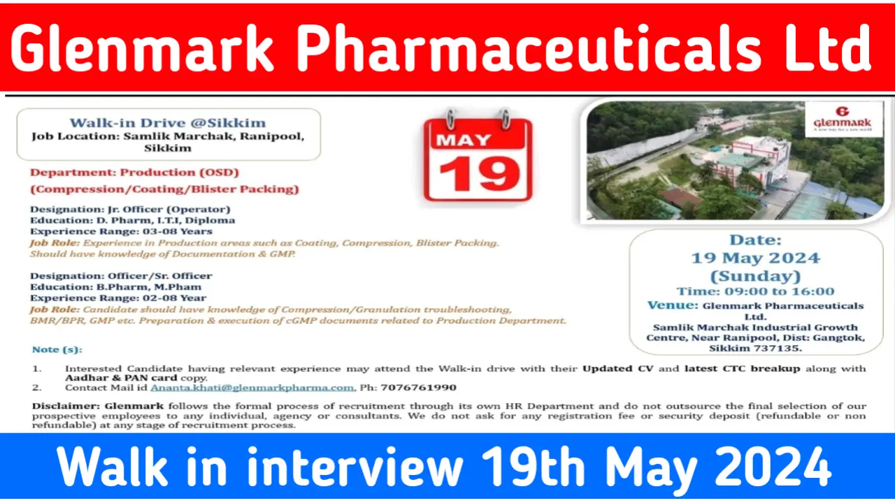 Glenmark Pharmaciticals ltd Recruitment 2024