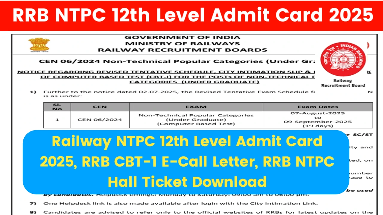 Railway NTPC 12th Level Admit Card 2025